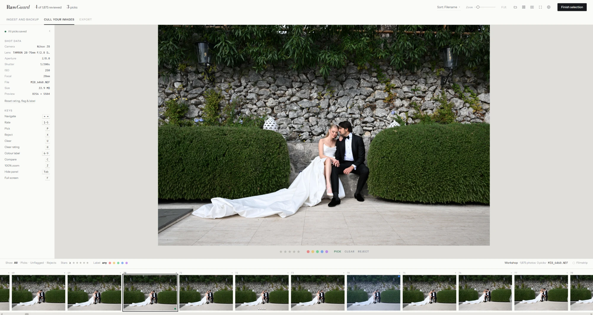 RawGuard's Cull Your Images screen: a wedding photo in the viewer, shot data and keyboard shortcuts on the left, and a filmstrip of the shoot below.