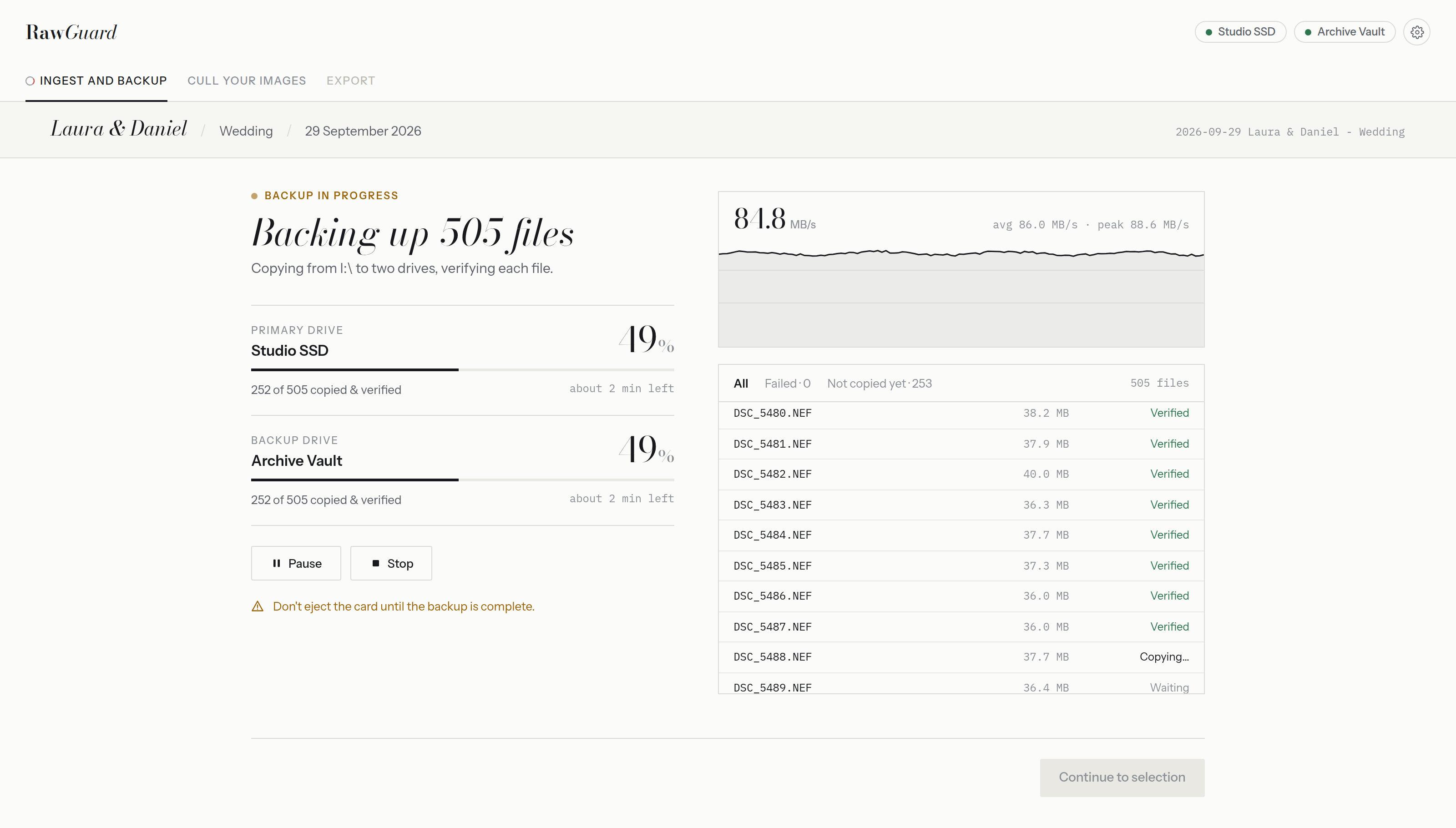 RawGuard backing up 505 files: Studio SSD and Archive Vault both at 49 percent, 252 files copied and verified, a transfer speed graph around 86 MB/s, and a file list showing each file's status.