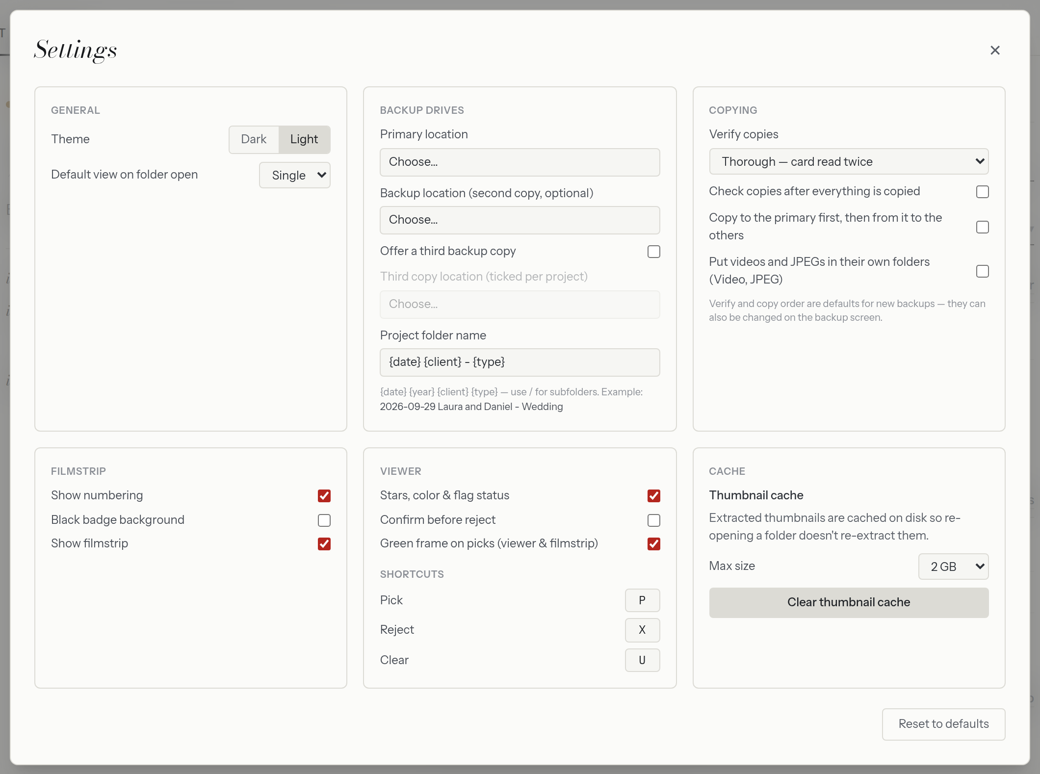 RawGuard's Settings window: backup drives, an optional third copy, verification level, project folder naming, filmstrip, viewer shortcuts and thumbnail cache.